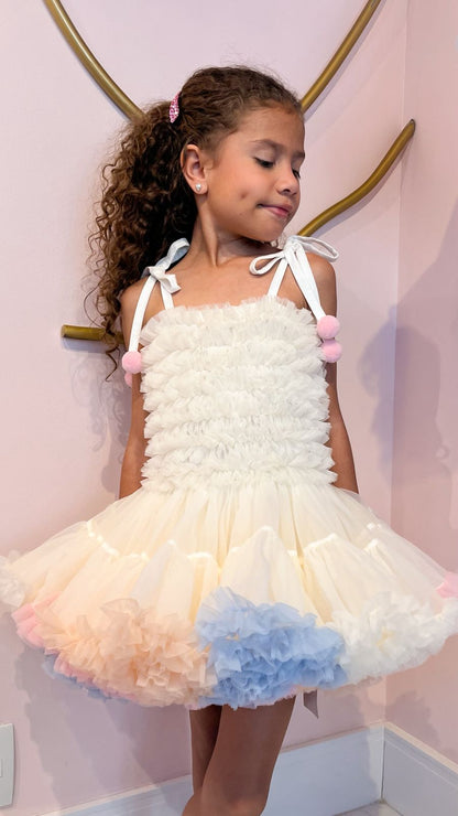 Vestido Tutu Pompom Arco-Íris com Babados