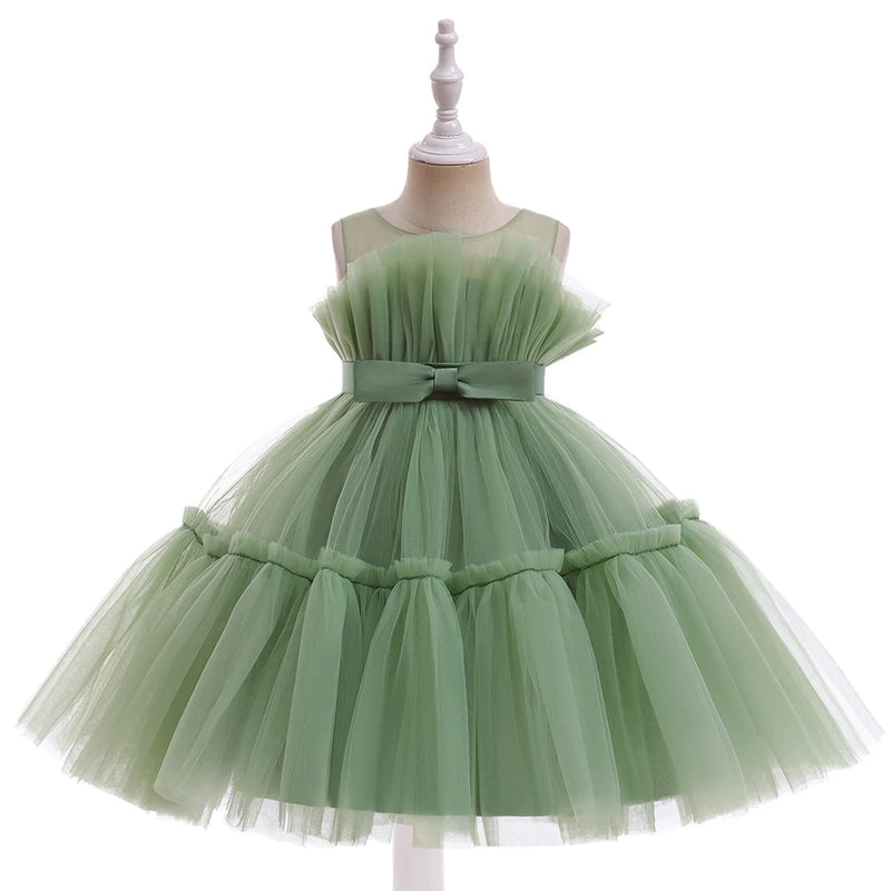 Vestido Infantil Tule Arco-Íris com Laço