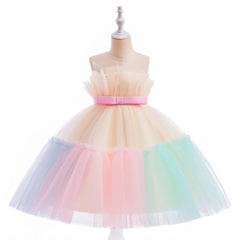 Vestido Infantil Tule Arco-Íris com Laço