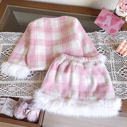 Conjunto Infantil Xadrez Rosa com Pelúcia