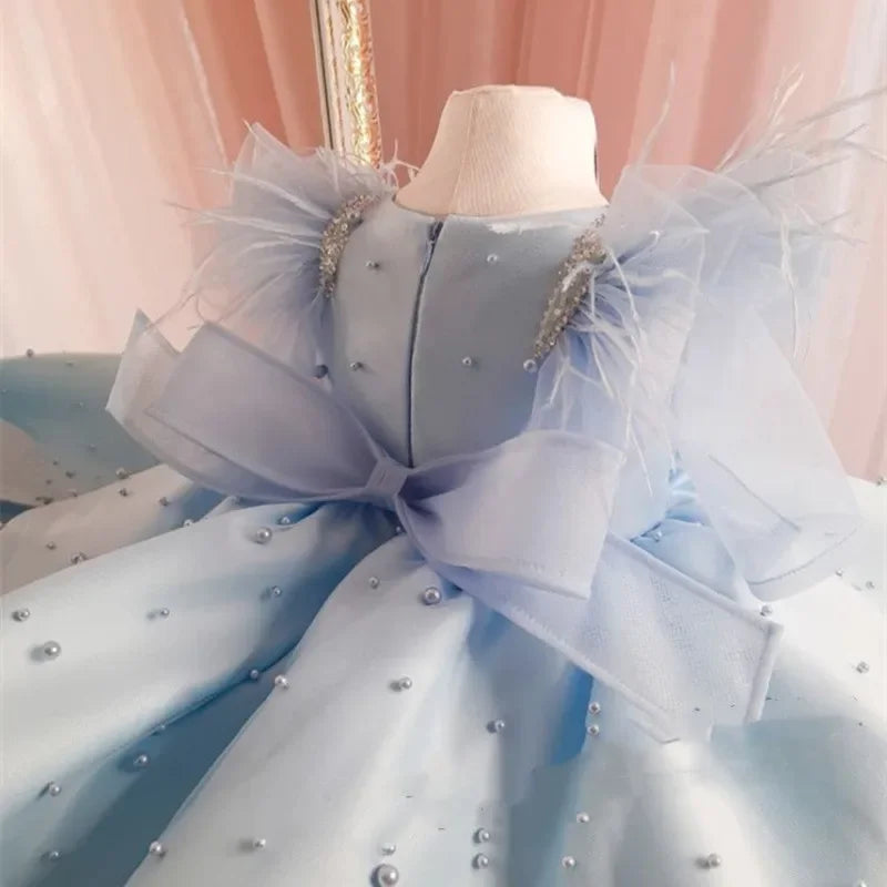 Vestido Infantil Azul Princesa dos Sonhos com Pérolas e Tule