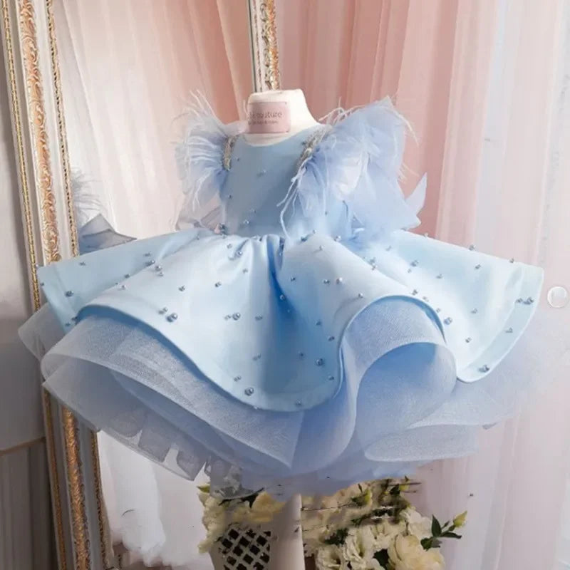 Vestido Infantil Azul Princesa dos Sonhos com Pérolas e Tule