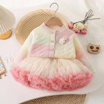 Conjunto Infantil Saia de Tutu com Casaco Tricô Coelhinho