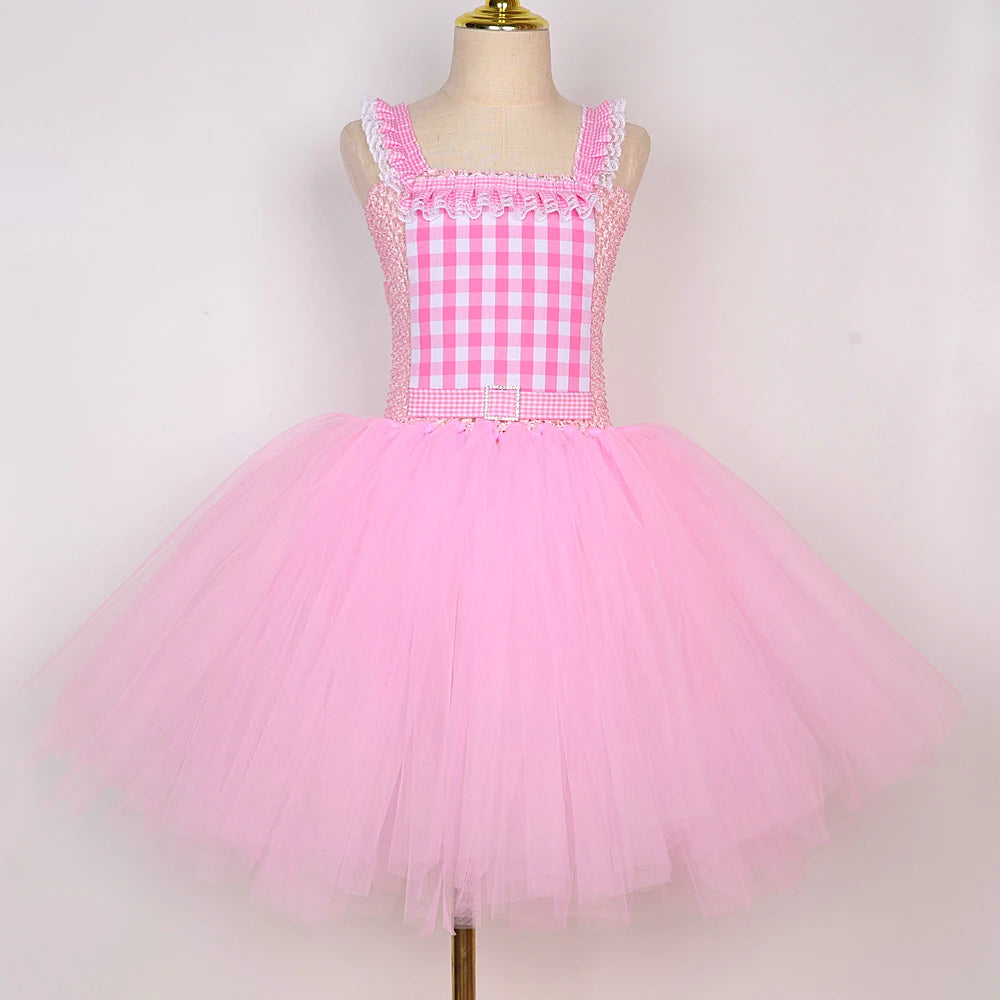 Fantasia Infantil Barbie Xadrez Rosa