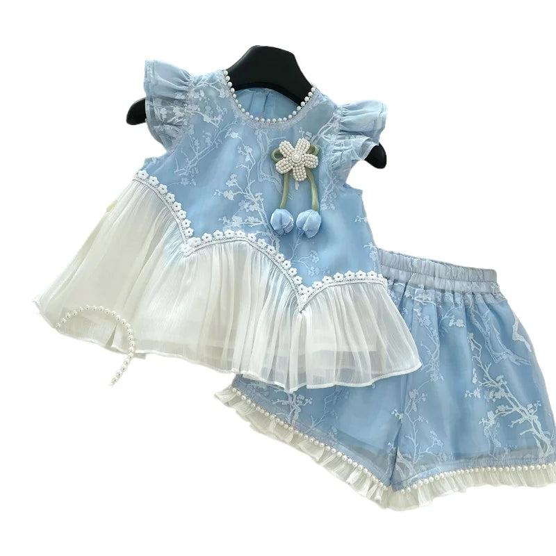 Conjunto Infantil Azul Flor de Algodão