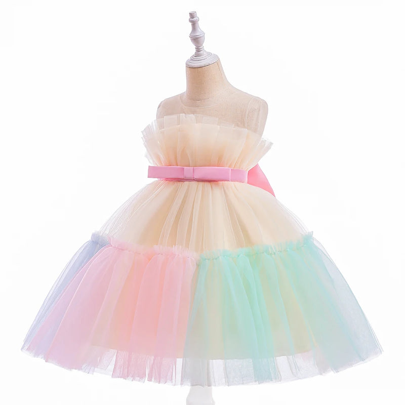 Vestido Infantil Tule Arco-Íris com Laço