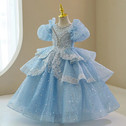 Vestido Infantil de Festa Princesa Luxo Azul Cinderela
