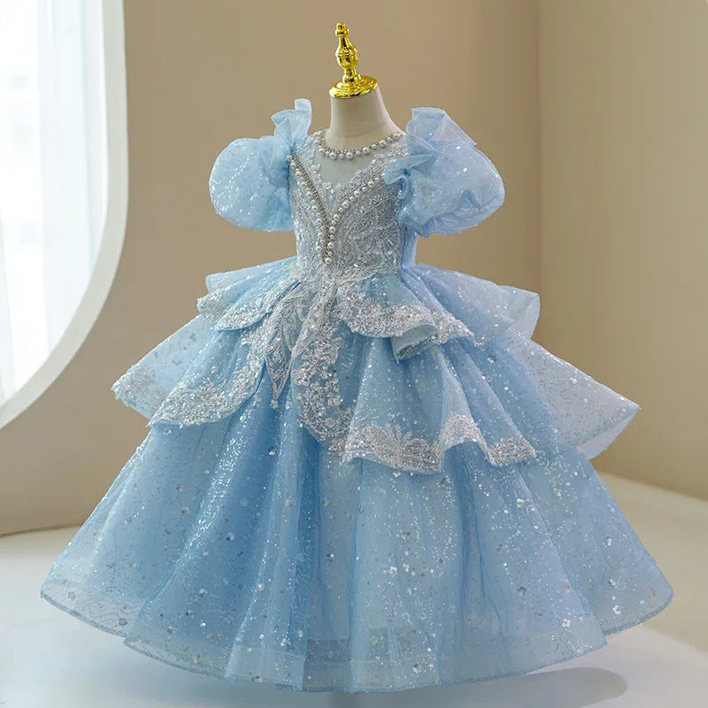 Vestido Infantil de Festa Princesa Luxo Azul Cinderela
