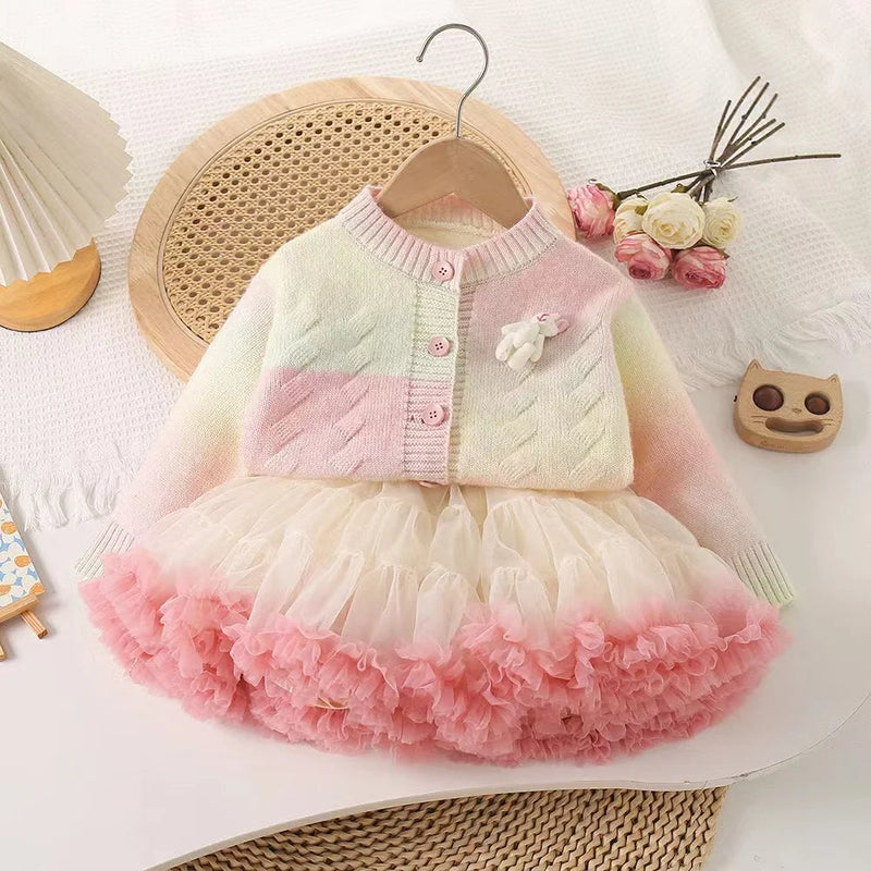 Conjunto Infantil Saia de Tutu com Casaco Tricô Coelhinho