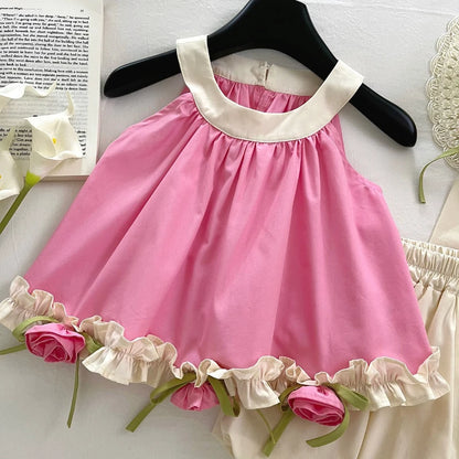 Conjunto Infantil Rosa com Flores Aplicadas