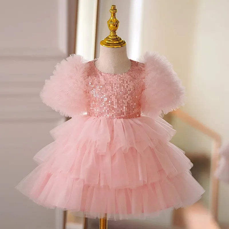 Vestido de Festa Infantil Rosa Tule com Paetês - Estilo Princesa