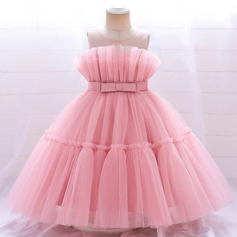 Vestido Infantil Tule Arco-Íris com Laço