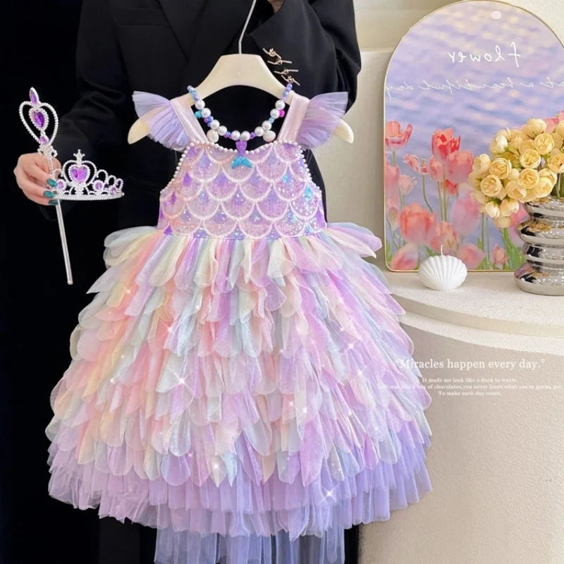 Vestido Infantil Princesa Sereia Arco-Íris
