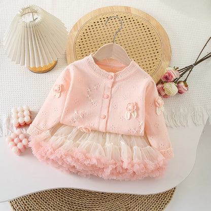 Conjunto Infantil Feminino Tricô Flor com Saia Tutu