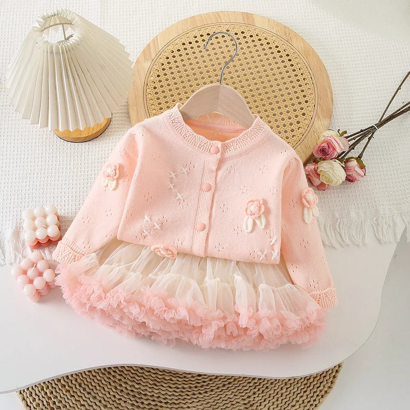 Conjunto Infantil Feminino Tricô Flor com Saia Tutu