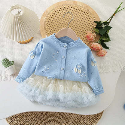 Conjunto Infantil Feminino Tricô Flor com Saia Tutu