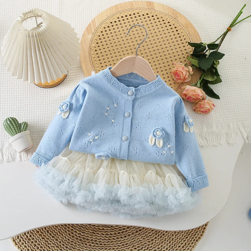 Conjunto Infantil Feminino Tricô Flor com Saia Tutu