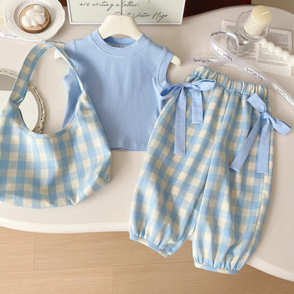 Conjunto Infantil Azul com Laços e Bolsa