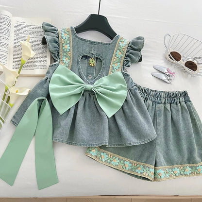 Conjunto Jeans Floral Laço Verde