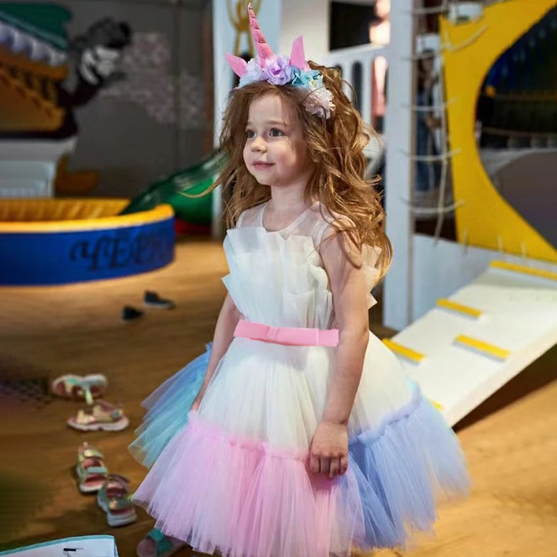 Vestido Infantil Tule Arco-Íris com Laço