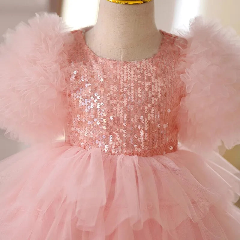 Vestido de Festa Infantil Rosa Tule com Paetês - Estilo Princesa