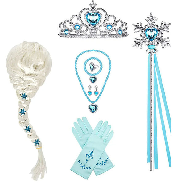 Kit de Acessórios Elsa Frozen com Peruca, Tiara, Varinha e Luvas