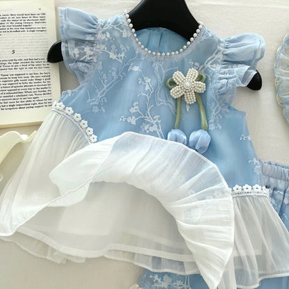 Conjunto Infantil Azul Flor de Algodão