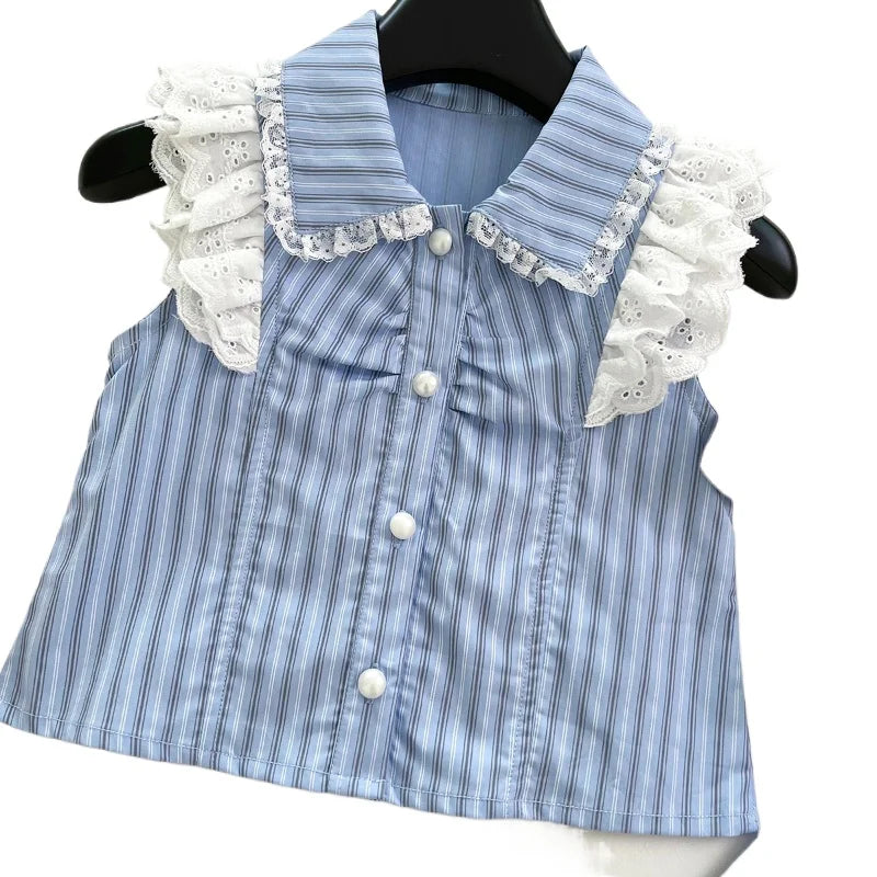 Conjunto Infantil Azul com Laço e Renda