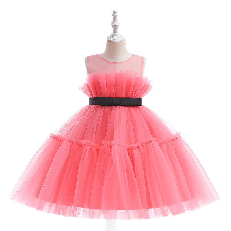 Vestido Infantil Tule Arco-Íris com Laço