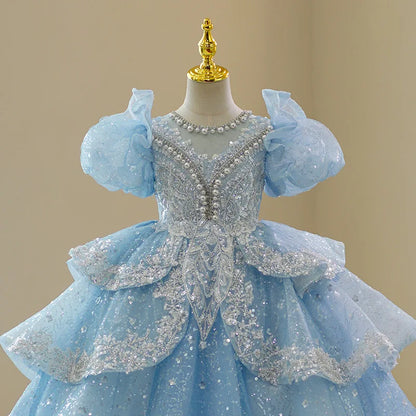 Vestido Infantil de Festa Princesa Luxo Azul Cinderela
