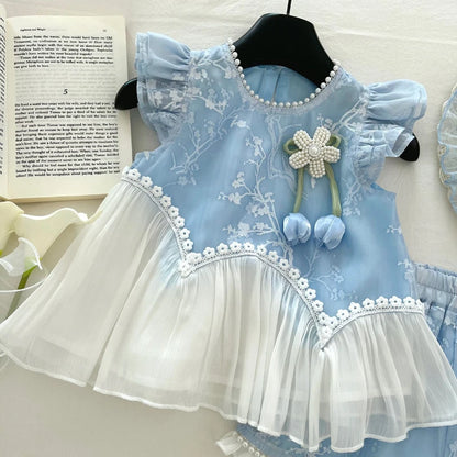 Conjunto Infantil Azul Flor de Algodão