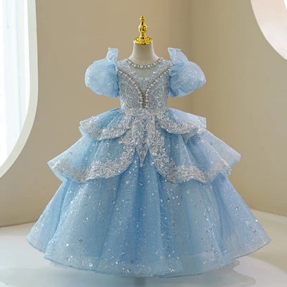 Vestido Infantil de Festa Princesa Luxo Azul Cinderela