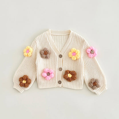 Casaco Infantil Florzinhas em Tricô