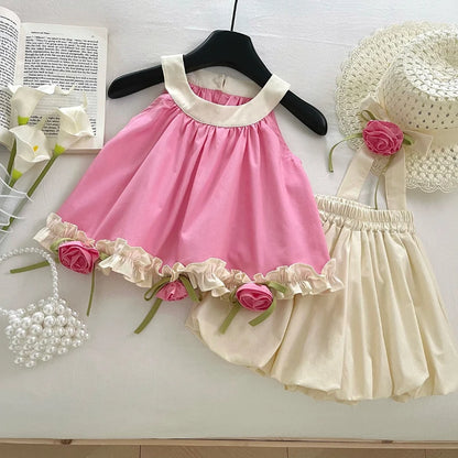 Conjunto Infantil Rosa com Flores Aplicadas
