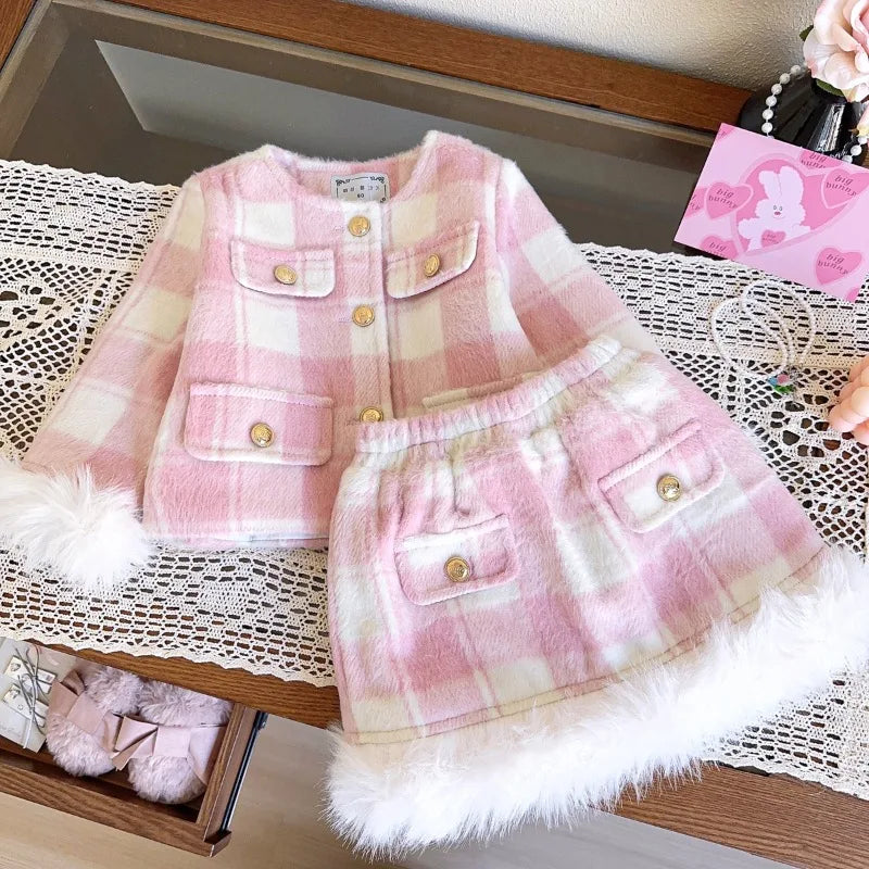 Conjunto Infantil Xadrez Rosa com Pelúcia