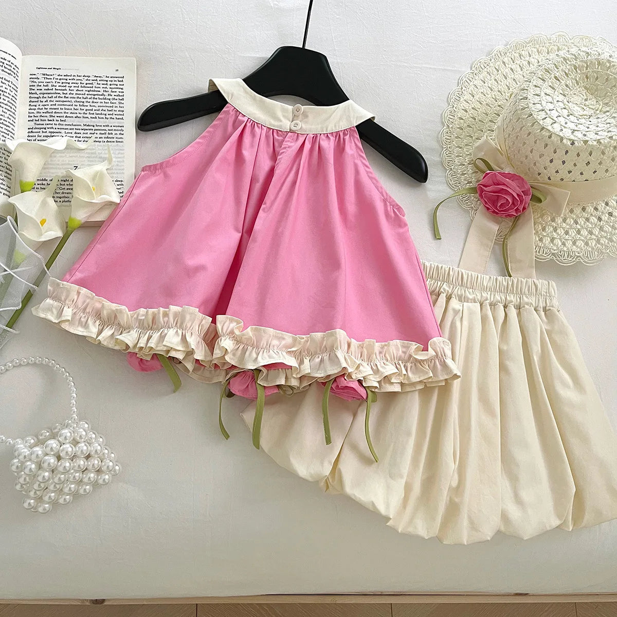 Conjunto Infantil Rosa com Flores Aplicadas
