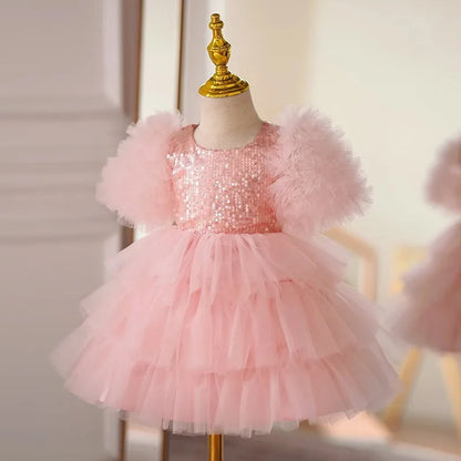 Vestido de Festa Infantil Rosa Tule com Paetês - Estilo Princesa