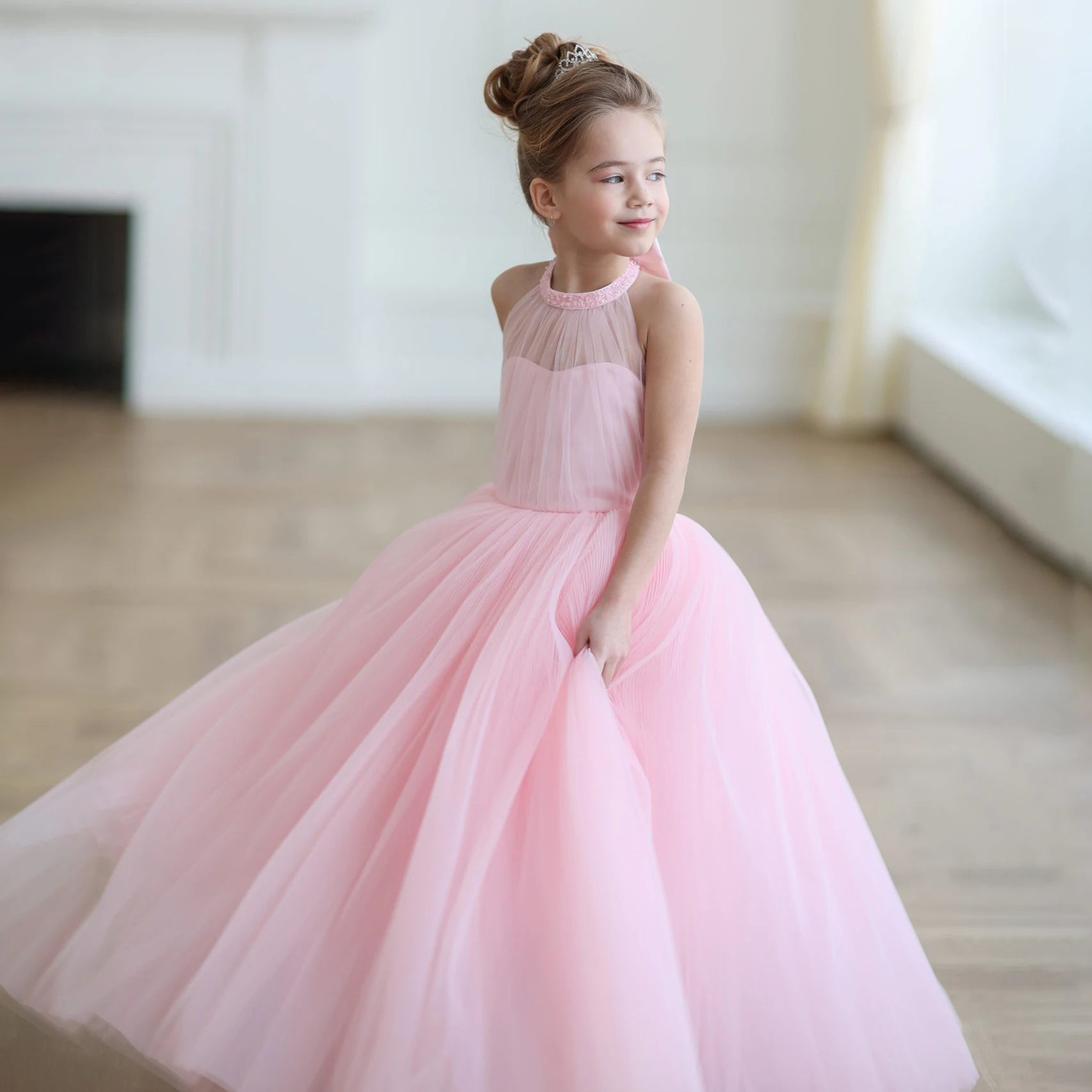 Vestido Infantil Longo Princesa Rosa Tule Elegância