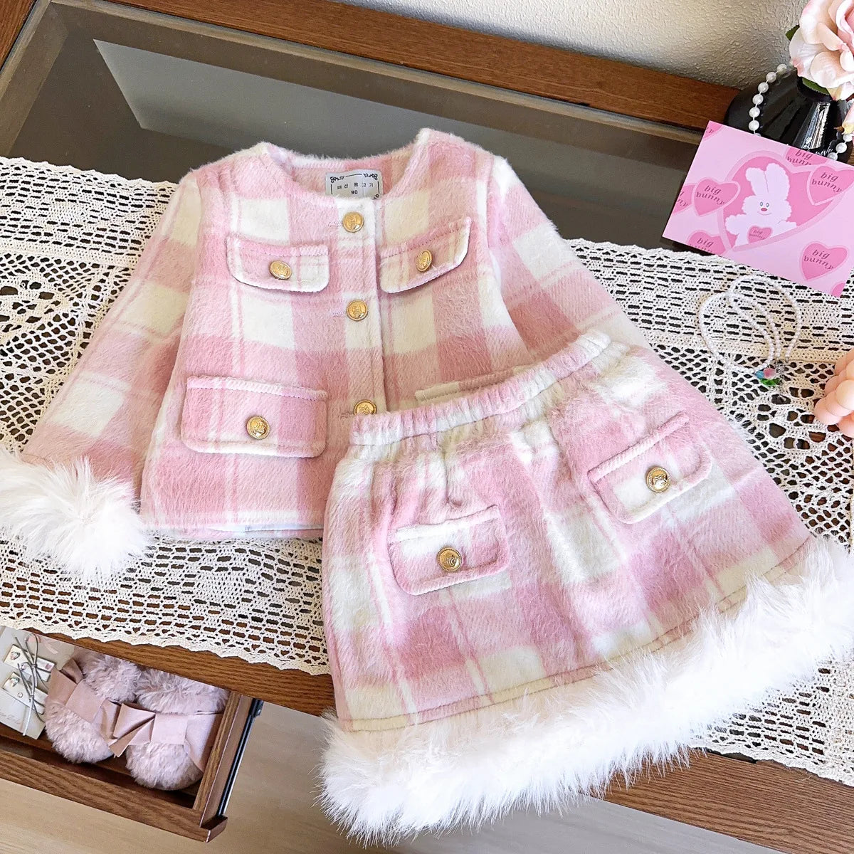 Conjunto Infantil Xadrez Rosa com Pelúcia