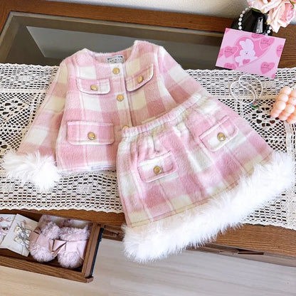 Conjunto Infantil Xadrez Rosa com Pelúcia