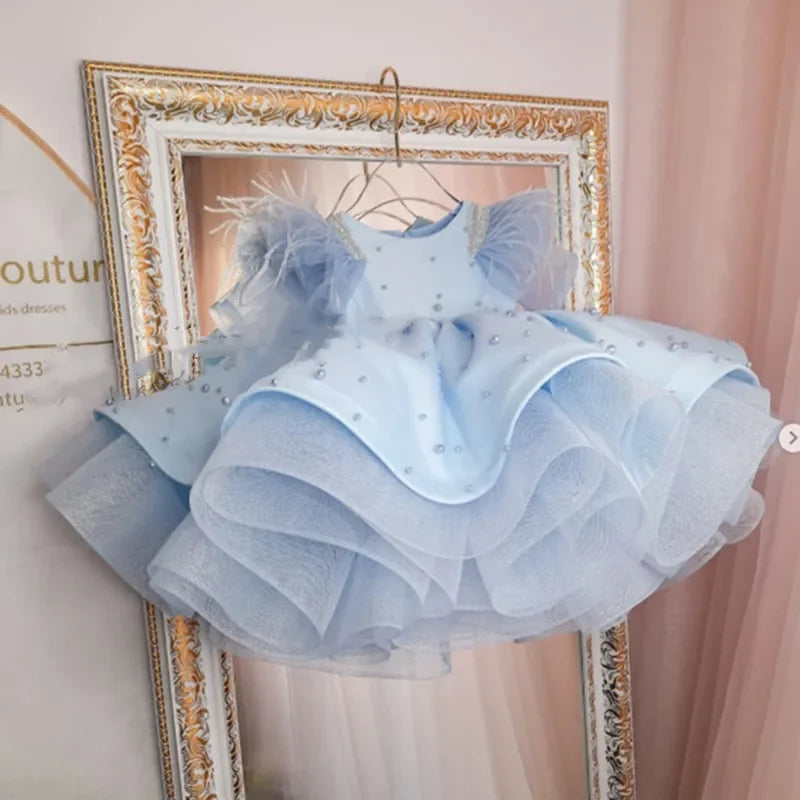 Vestido Infantil Azul Princesa dos Sonhos com Pérolas e Tule