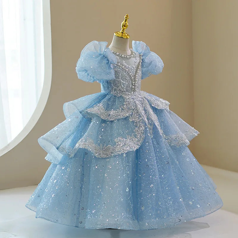 Vestido Infantil de Festa Princesa Luxo Azul Cinderela