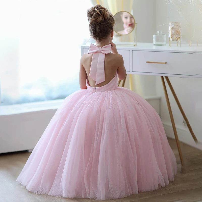 Vestido Infantil Longo Princesa Rosa Tule Elegância
