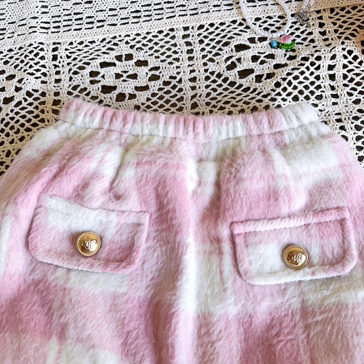 Conjunto Infantil Xadrez Rosa com Pelúcia