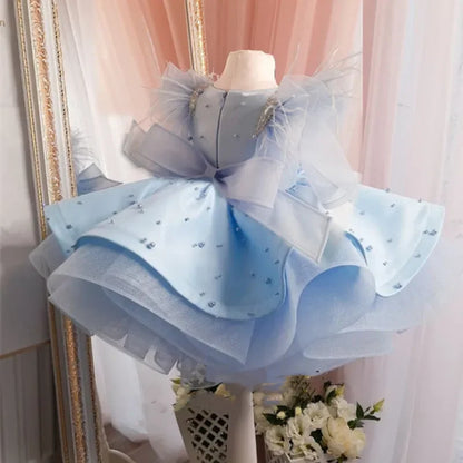 Vestido Infantil Azul Princesa dos Sonhos com Pérolas e Tule