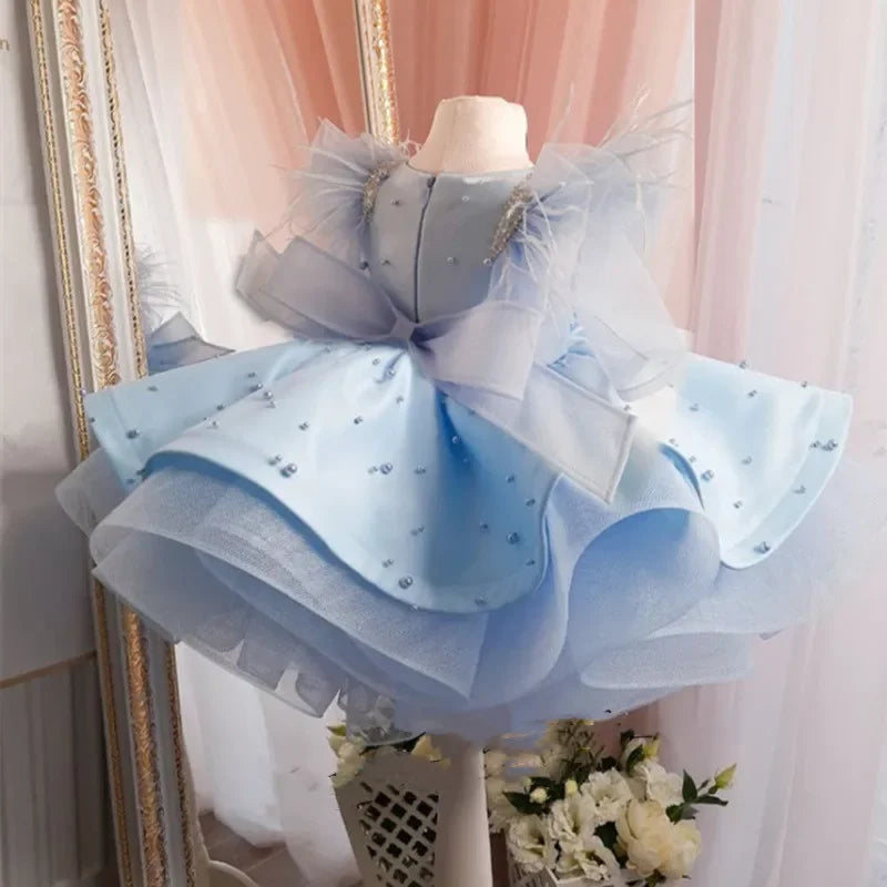 Vestido Infantil Azul Princesa dos Sonhos com Pérolas e Tule