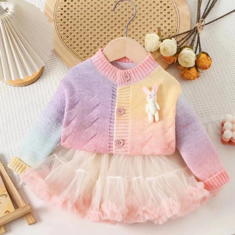 Conjunto Infantil Saia de Tutu com Casaco Tricô Coelhinho