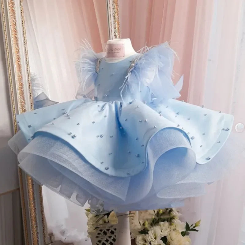 Vestido Infantil Azul Princesa dos Sonhos com Pérolas e Tule