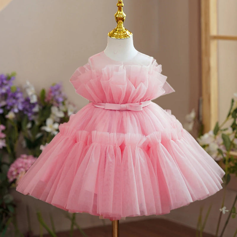 Vestido Infantil Tule Arco-Íris com Laço
