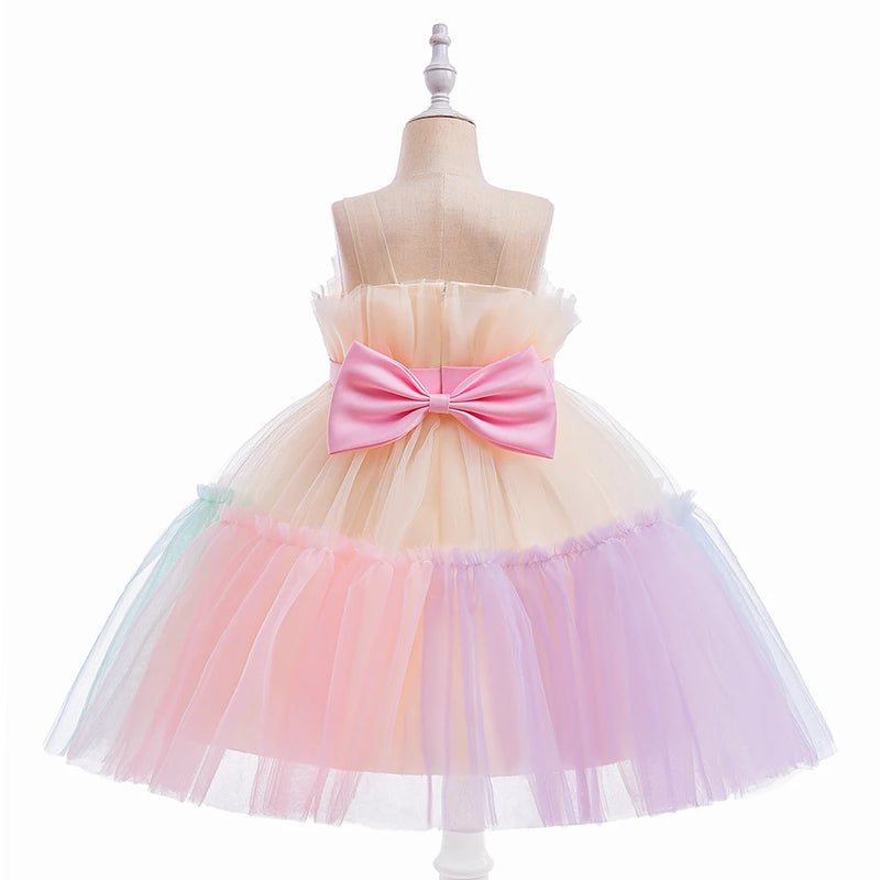 Vestido Infantil Tule Arco-Íris com Laço